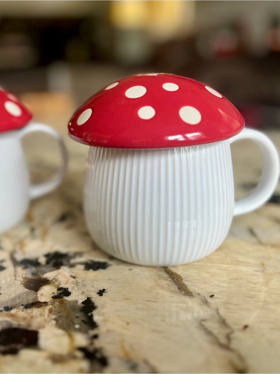 World Market Other - Pair of White Ceramic Mushroom Mugs with Red Polka-Dot Lids from World Market